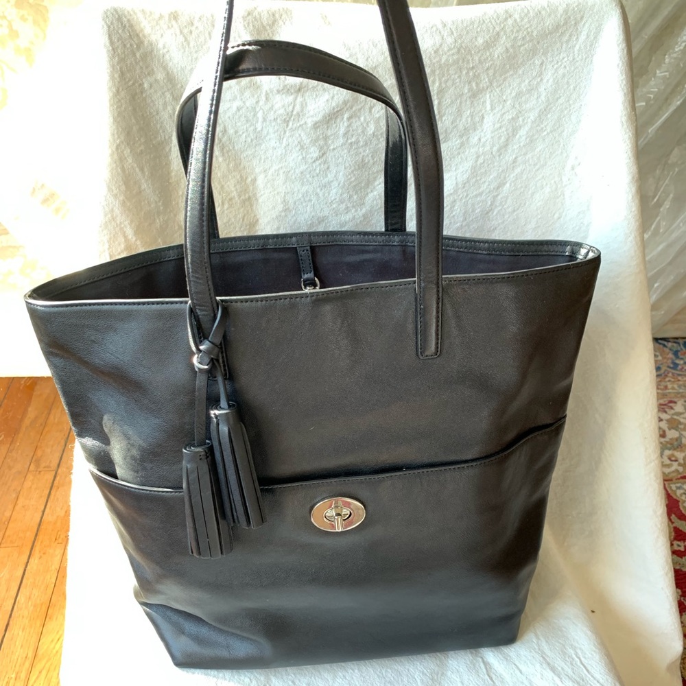 Coach Black Leather Tote with Tassel